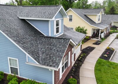 Aerial exterior shot of the front of the two individual homes at Home Place Gardens affordable housing community in Carmel